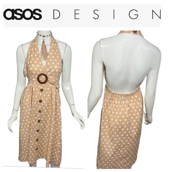 ASOS "Pretty Woman" Peach Polka‎ Dot Halter Dress  -- 2 - Picture 2 of 12